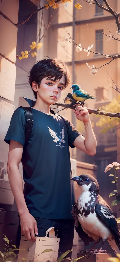 Boy with Bird futuristic background realistic face ultra high quality HD