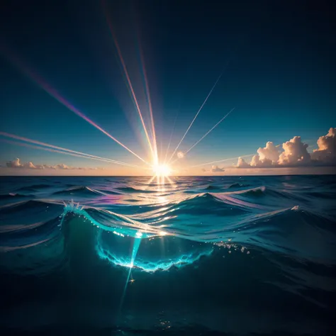 Uma imagem hipnotizante de um luminescente, iridescent shells, shining with dazzling colors in the deep blue depths of the Pacific Ocean, The suns rays filter the surface of the water, fundindo um suave, brilho dourado em cena. lente grande-angular, Long e...