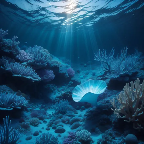 Uma imagem hipnotizante de um misterioso, iridescente, bright conch shells bathed in deep blue light. As cores iridescentees da criatura brilham contra o pano de fundo de um estreito, shimmering expanse of water, with a myriad of starfish and other marine ...