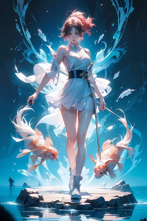 carp，(Koi)，A woman of outstanding figure，Wear a nice miniskirt，Leaking out of both shoulders，jewely，Amazing work，Vitreous luster,clean backdrop，High gloss，blue colors，In pink，cyan colors，red colour