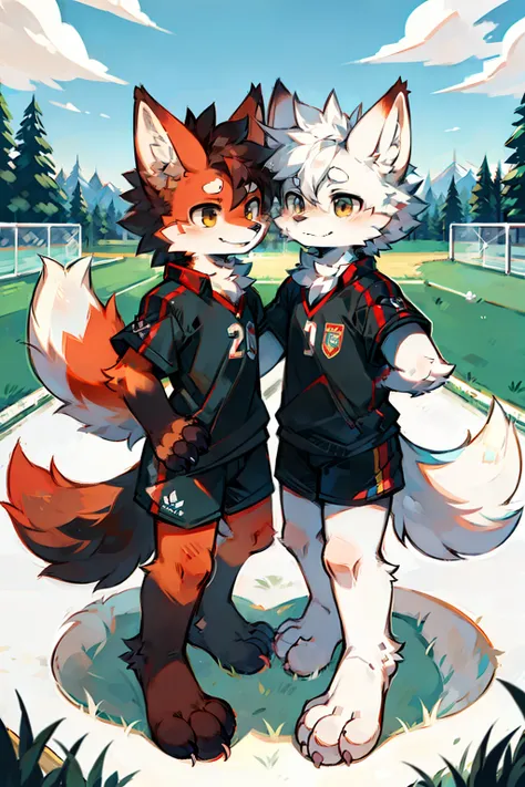 Two people，shaggy，soccer ball，White furry，red fox，arctic fox，soccer court，Fluffy tail，clawed paws