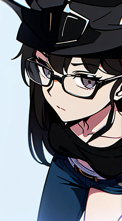 This close-up portrayal captures the intricate details of a young black-haired girl. Her short-brimmed black fishing hat adds a touch of character to her appearance. Clad in jeans and glasses, she exudes an air of curiosity and intellect. The camera zooms ...