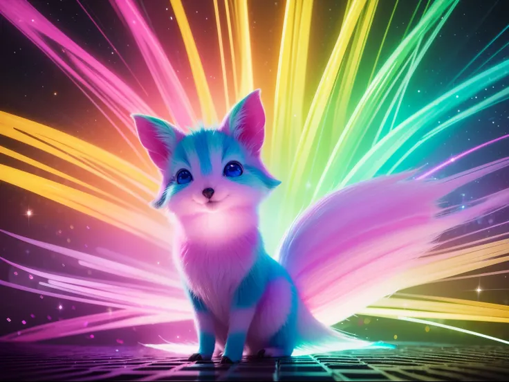 Uma imagem cativante de uma raposa realista com cores fluroscentes, cores brilhantes  iriscentesem seu corpo, orelhas e cauda da raposa fluroscentes e brilhantes, Creating intricate patterns, lente grande-angular, grande abertura, ultra detail, hyperrealis...