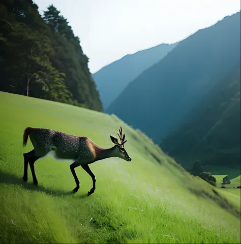 A green deer ran over the edge of the grass like a black projectile。