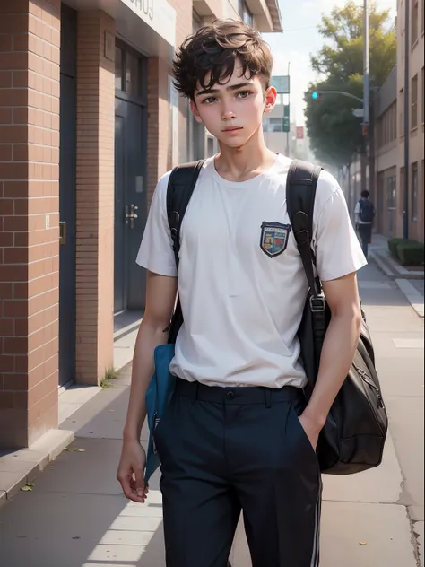 17 year old boy in front of school