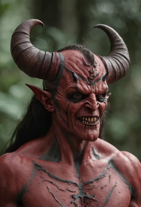 Best quality of masterpiece of a red demon with pointed horns, intricate sarcastic smile, com detalhes insanos, com cara de mal intrincado, dark ambiente, gotic, monstruoso, foco afiado, tatuado, Full Body sharp focus, ambiente escuro, (pele perfeita) (per...