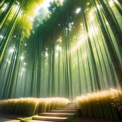 /create prompt:Create a soothing digital illustration capturing the tranquil swaying of a bamboo grove. Utilize cool greens and earthy tones. Illuminate with soft lighting. Depict gentle movement of swaying bamboo. Digital Illustration, 1080p