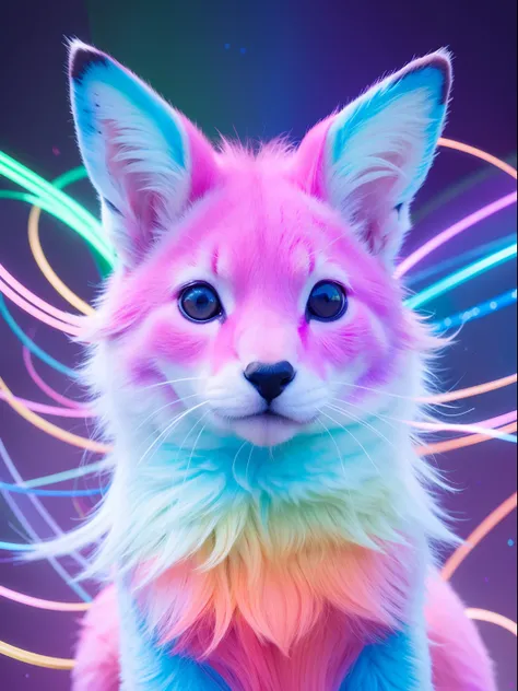 Uma imagem cativante de uma raposa realista com cores fluroscentes, cores brilhantes  iriscentesem seu corpo, orelhas e cauda da raposa fluroscentes e brilhantes, Creating intricate patterns, lente grande-angular, grande abertura, ultra detail, hyperrealis...