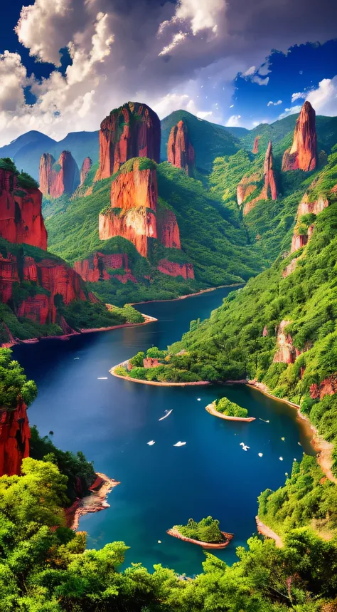 Masterpiece, ultimate quality, Cg unity 8k wallpaper, super delicate, beautiful sky and clouds, rich natural scenery, cliffs, lakes and rivers, waterfalls and flying water, beautiful green mountains, no trace of people, excellent scenery, has already won a...