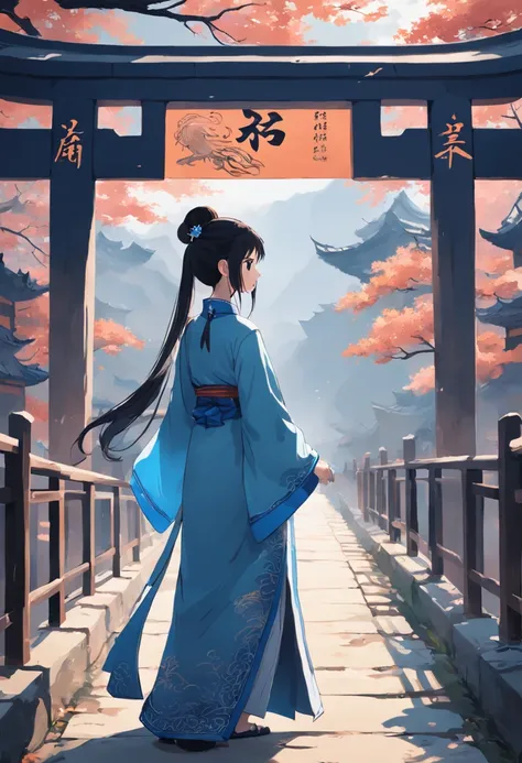 Ancient Chinese characters，A man and a woman，face to face，Close，Stand on a small bridge made up of magpies，Stick figure style，minimal style，Flat viewing angle，the sideview，Far view，Blue is the main color，White background，ultra HD picture quality，high high ...