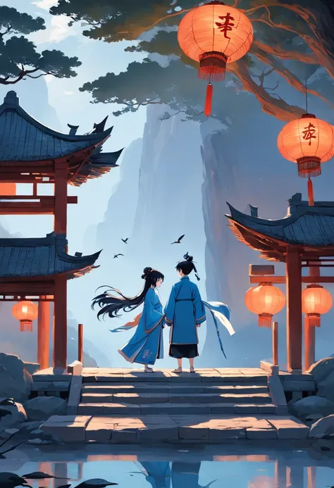 Ancient Chinese characters，A man and a woman，face to face，Close，Stand on a small bridge made up of magpies，Stick figure style，minimal style，Flat viewing angle，the sideview，Far view，Blue is the main color，White background，ultra HD picture quality，high high ...