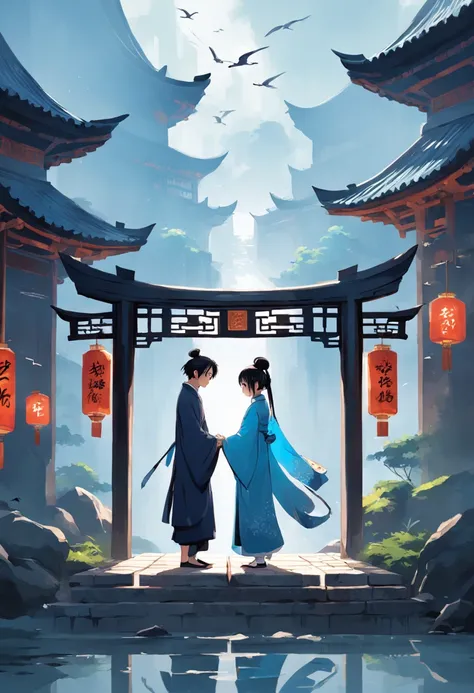 Ancient Chinese characters，A man and a woman，face to face，Close，Stand on a small bridge made up of magpies，Stick figure style，minimal style，Flat viewing angle，the sideview，Far view，Blue is the main color，White background，ultra HD picture quality，high high ...