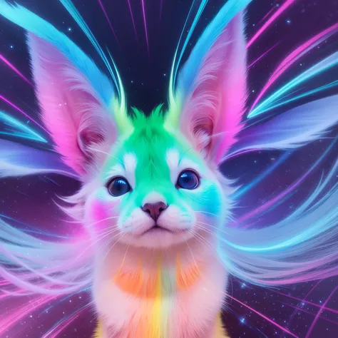 Uma imagem cativante de uma raposa realista com cores fluroscentes, cores brilhantes  iriscentesem seu corpo, orelhas e cauda da raposa fluroscentes e brilhantes, Creating intricate patterns, lente grande-angular, grande abertura, ultra detail, hyperrealis...