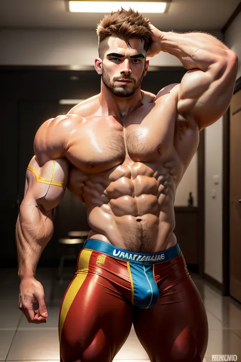 Muscular Macho ，Umparência bonita，With unparalleled power，nariz alto，Umbdominais de oito pacotes，Strong pectoral muscle, dar hair, big dick