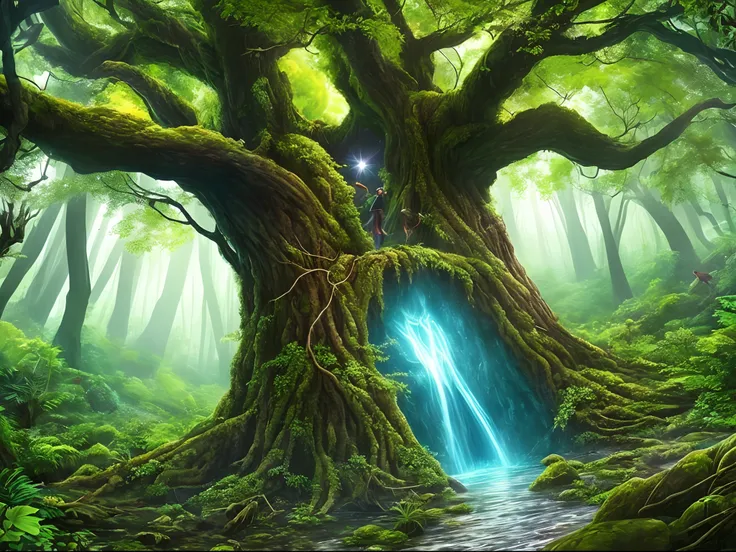 Capture the enchantment of a lush forest thriving within the Earths core. Picture towering trees, bioluminescent flora, and ethereal creatures, offering a glimpse into the hidden wonders of the Hollow Earth, ar --auto --s2