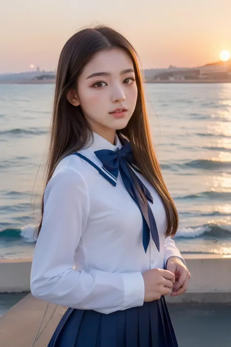 (top-quality、8K、32K、​masterpiece）Beautuful Women、Unusual look、in school uniform、sunset,sea side