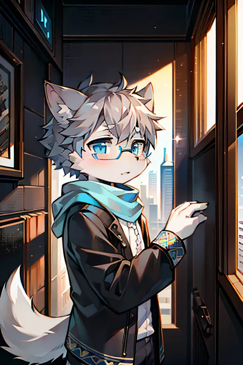 Highest quality, delicate painting style, delicate hook line, masterpiece, delicate skin, delicate hair, complete painting, masterpiece, delicate hands, delicate eyes, normal eyes, gray wolf ears, furry, black frame round glasses, blue eyes, handsome, ((wh...