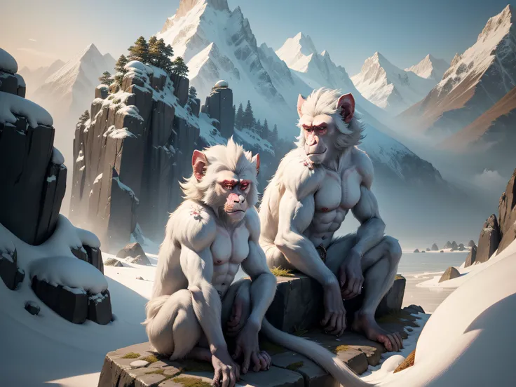 tmasterpiece，A high resolution，3D，CG animation，exteriors，Chinese mythology and stories，Inspired by the Classic of Mountains and Seas，Mountain and sea scripture mythical beast macaque，（White ears）of macaques，，Human face