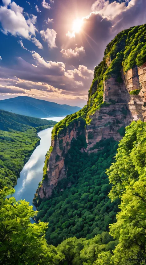 Masterpiece, ultimate quality, Cg unity 8k wallpaper, super delicate, beautiful sky and clouds, rich natural scenery, cliffs, lakes and rivers, waterfalls and flying water, beautiful green mountains, no trace of people, excellent scenery, has already won a...