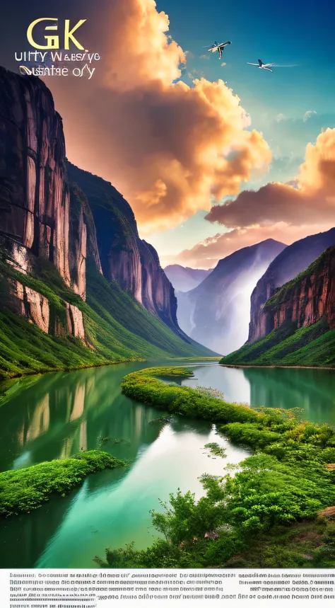 Masterpiece, ultimate quality, Cg unity 8k wallpaper, super delicate, beautiful sky and clouds, rich natural scenery, cliffs, lakes and rivers, waterfalls and flying water, beautiful green mountains, no trace of people, excellent scenery, has already won a...