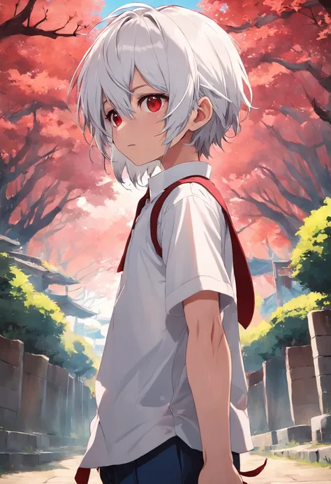 junior school student，Libido boy，A white shirt with short sleeves，Red strap，Blindfolded，Wind，sideface，brush cut，Bauhinia tree background，Half look up