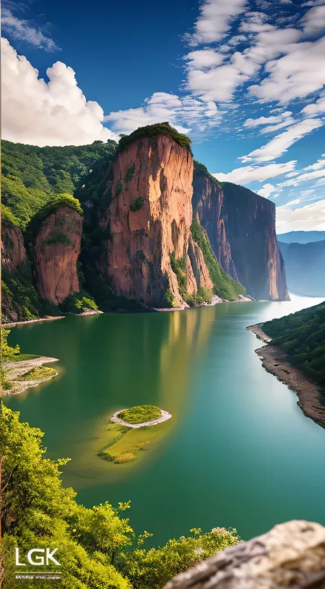 Masterpiece, ultimate quality, Cg unity 8k wallpaper, super delicate, beautiful sky and clouds, rich natural scenery, cliffs, lakes and rivers, waterfalls and flying water, beautiful green mountains, no trace of people, excellent scenery, has already won a...