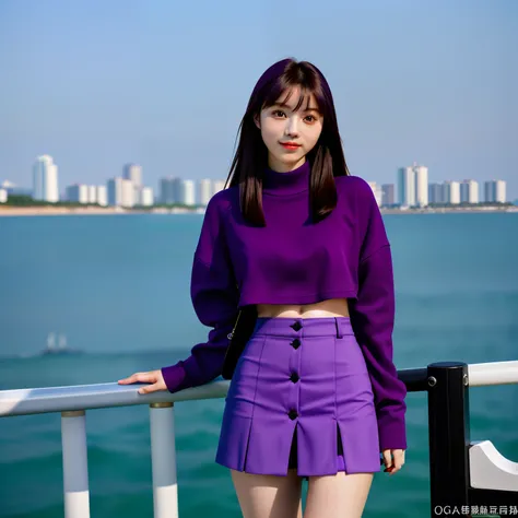 Photo style，1female，18yr old，Purple miniskirt，鎖骨，Read a book by the sea，Sexy breasts，ultra clear details，side looking，（eventide），volumettic light