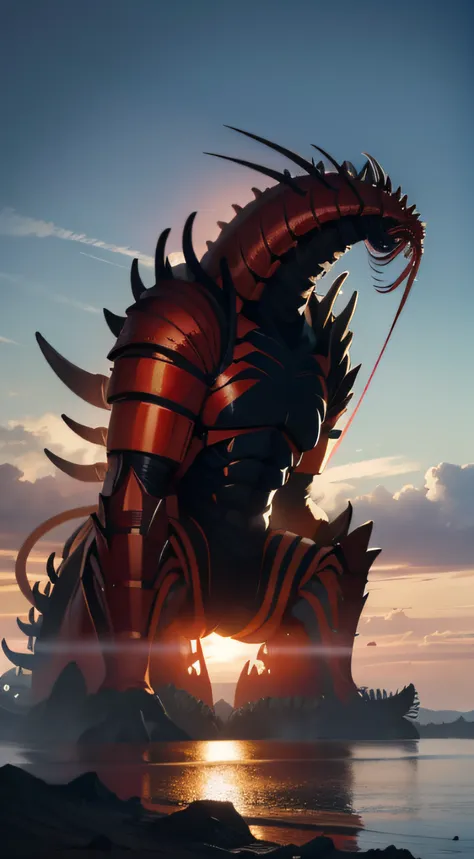 A striking scene unfolds as a colossal lobster strides onto Japanese soil, burdened by containers of radioactive water. The low angle of view enhances the lobsters imposing presence against the sky. The creatures massive claws and intricate details are acc...