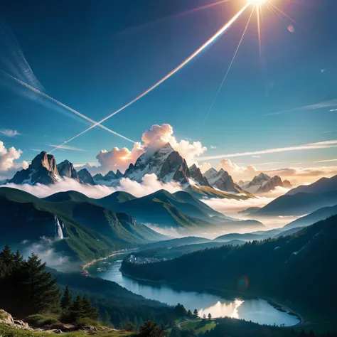 At the center of the canvas is a towering mountain，Its height is astounding，It seems to be connected to the sky。The mountains are illuminated by soft sunlight，The surrounding mountains and clouds present a mysterious interplay of light and shadow。sun shini...