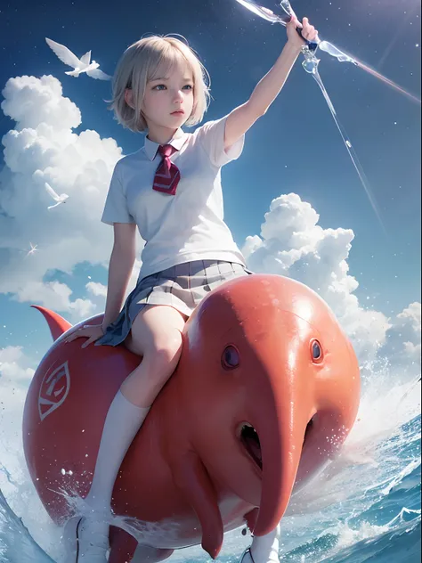 (Best Quality, Masterpiece: 1.1), (Realistic: 1.4), Beautiful schoolgirl is riding on the red squid, god ray, teen, silver short hair, blue eyes, full body, from below, hourglass body shape, flying over the park, crystallineAI, fractal art, splash