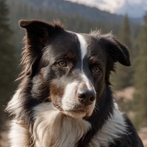 RAW Photo, DSLR BREAKclose-up, a Border Collie in Yosemite National Park, chilly nature documentary film photography BREAKdetailed, sunrays, sunlight, cinematic lighting, professional colorgraded