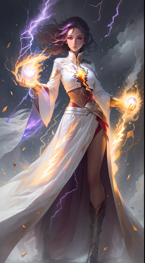 1Beautifulwoman，(white skinned)， firestorm, lightning in hand, a skirt,glowing light eyes，Light in Eyes