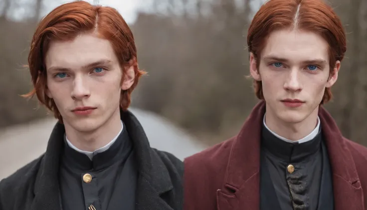 A pair of twins，british male，It looks the same，Its all red hair，Its all blue eyes，Its all short hair，Wearing a black robe，Black boots，They all wore a red and yellow scarf。，Thin and tall，Walking out of the castle，It was snowing heavily，Very skinny，Very high...