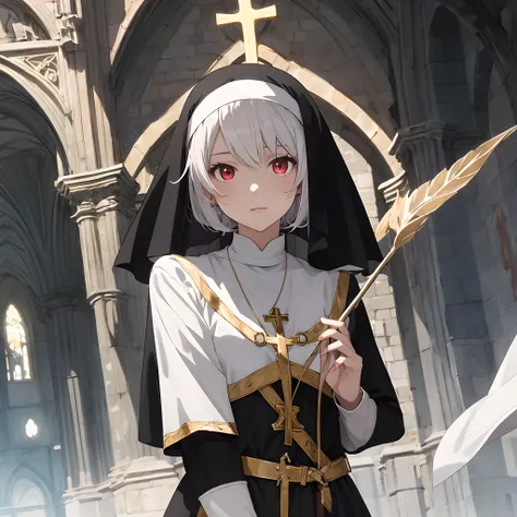 short detailed hair，Anime style，Off-white hair，medieval times，teens girl，lewd nun，abbey，Red eyes，Fantasy wind