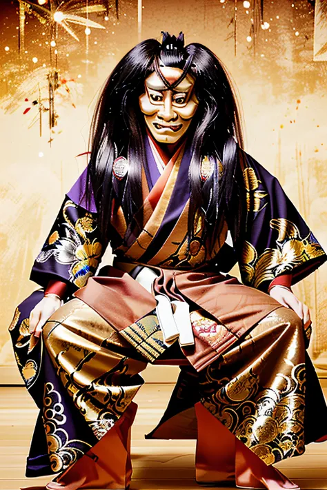 man in costume sitting on chair , for 3 people, long hair, looking at viewer, simple background, black hair, 1boy, sitting, male...