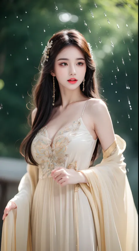 ((Best Quality, 8k, Masterpiece: 1.3)), Focus: 1.2, Perfect Body Beauty: 1.4, Buttocks: 1.2, ((Layered Haircut)), (Wet Clothes: 1.1), (Rain, Street:1.3), (Breasts: 1.2), (Hanfu: 1.2), Bare Shoulders, Bare Legs, Highly Detailed Face and Skin Texture, Fine E...