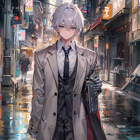 ((top-quality)), ((masterpiece)), ((ultra-detailliert)),(8k wallpaper:1.2),(Ultra-high resolution:1.2),(masterpiece:1.1),wallpaper,High quality,masterpiece,(High detail),1man, Anime, handsome, walking through a densely populated street,wearing a suit and t...