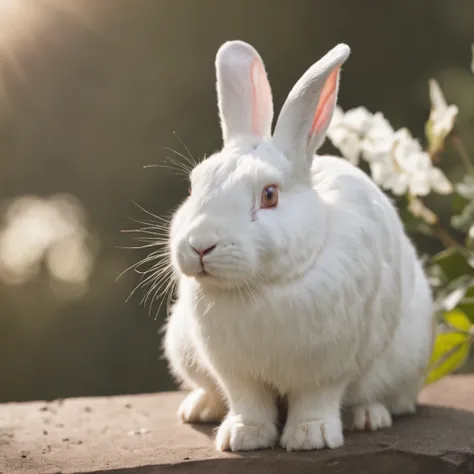 RAW Photo, DSLR BREAKclose-up, a white rabbit in a stairway to heaven, chilly nature documentary film photography BREAKdetailed, sunrays, sunlight, cinematic lighting, professional colorgraded