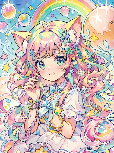 yumekawa 、cute as a dream、a pale、moya、(​masterpiece、top-quality、top-quality、watercolor paiting(curly)、take a cute cat、official a...