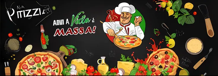 There is a blackboard with the picture of a chef and pizzas, pizza advert, pizza italiana, apresentando pizza, molho de vinha, pizza, propaganda de alimentos, Hosada, cooking show, cozinhar pizza, easy go, vendedor de salsa, lasanha, imagem de alta qualida...