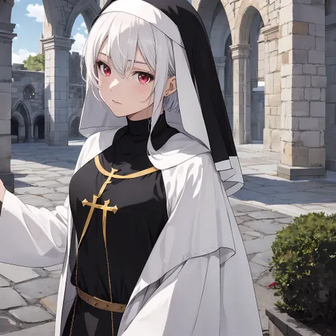 short detailed hair，Anime style，Off-white hair，medieval times，teens girl，lewd nun，abbey，Red eyes，Fantasy wind