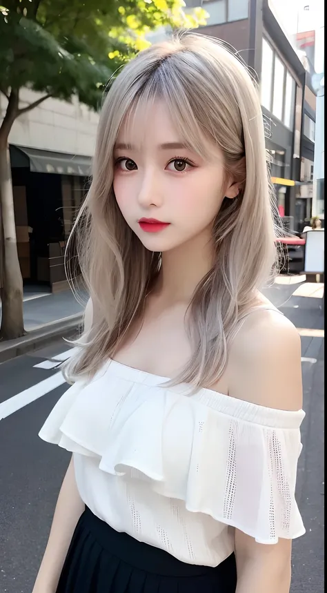 hight resolution, top-quality, Perfect dynamic composition, Beautiful detailed eyes, off shoulders、Radiant hair、Medium Hair, Natural Color Lip, college aged、Harajuku、Lunette de soleil、skirt by the、white  hair