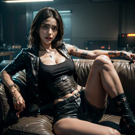 Alafi woman in corset sitting on couch with gun, cyberpunk angry gorgeous goddess, Cyberpunk Style, rococo cyberpunk, seductive cyberpunk dark fantasy, Cyberpunk 2 0 y. o model girl, cyberpunk aesthetics, Cyberpunk girl, has cyberpunk style, beautiful cybe...