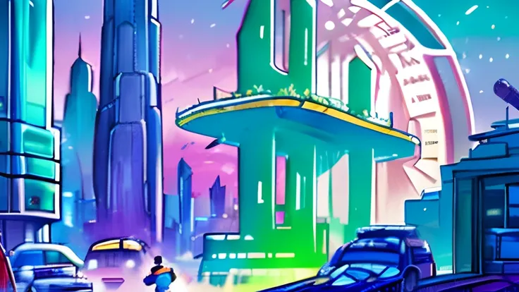 An oil painting of a futuristic cityscape, with towering skyscrapers and flying vehicles filling the frame. The colors are bright and vibrant, with shades of blue, green, and purple dominating the scene. In the foreground, a group of people can be seen wal...