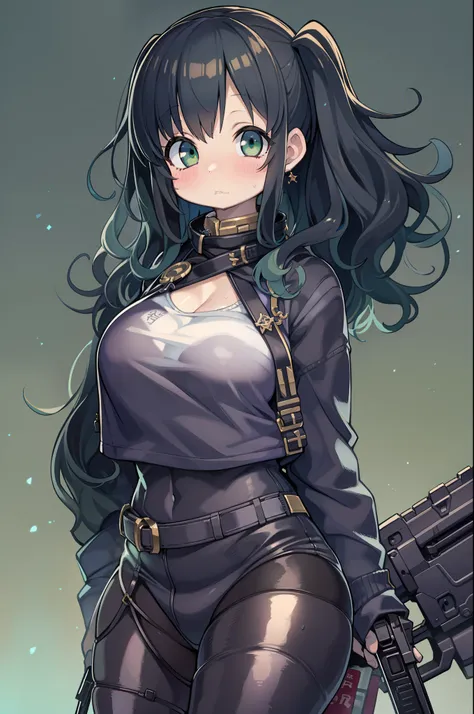 assault rifle、Long sideburns、Anime-style girl with beautiful whole body, clean detailed faces, ciber,analogous colors, Glowing shadows, beautiful gradients, depth of fields, CLEAN IMAGE, High quality,Black Parker Clothing、 high detailing, High Definition, ...