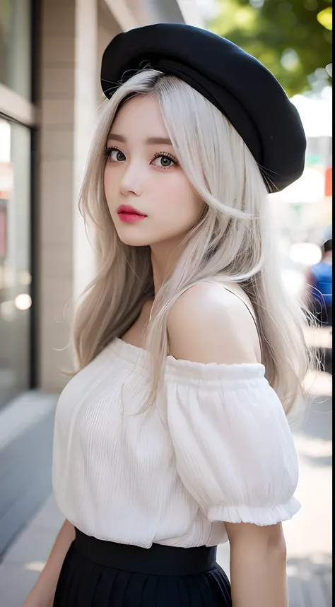 hight resolution, top-quality, Perfect dynamic composition, Beautiful detailed eyes, off shoulders、Radiant hair、Medium Hair, Natural Color Lip, college aged、Harajuku、Lunette de soleil、skirt by the、white  hair