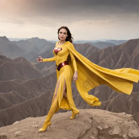 Angelina Jolie wearing yellow iron Superman costume,beautiful lighting, best quality, realistic, full body, flying on the top of mountain real picture, fight scene,highly-detailed, Fujifilm XT3, outdoors, bright day, Beautiful lighting, RAW photo, 8k uhd, ...