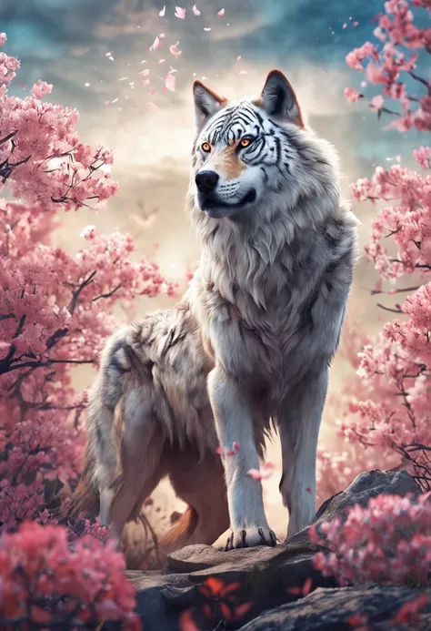 A hybrid of a large wolf and a tiger、war cry、Many petals flutter, Fantasy, Intricate details, Spring steppe, Dreamy,