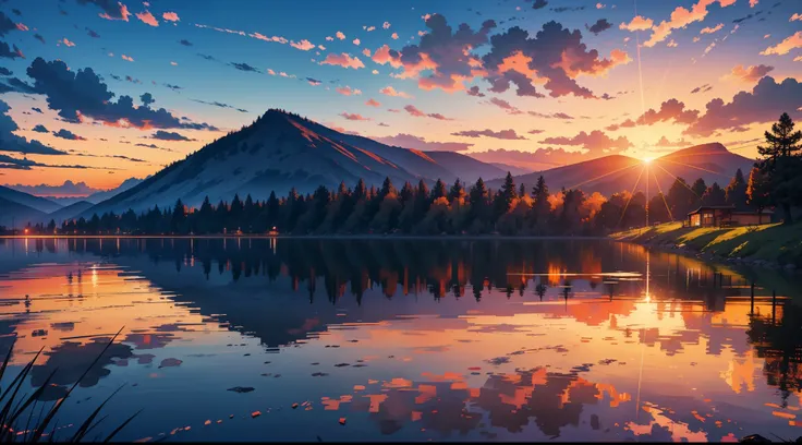 beautiful sunset in evening with a lake reflecting it, orange, upper sky is purplish blue, sun is touching horizon, ultra realistic, lens flare, 8k, cinematic