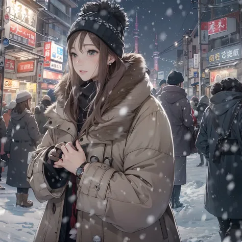 tokyo skytree background at night、depicting a heavy snowfall scene in the middle of winter、women in long coats。she has pale blac...